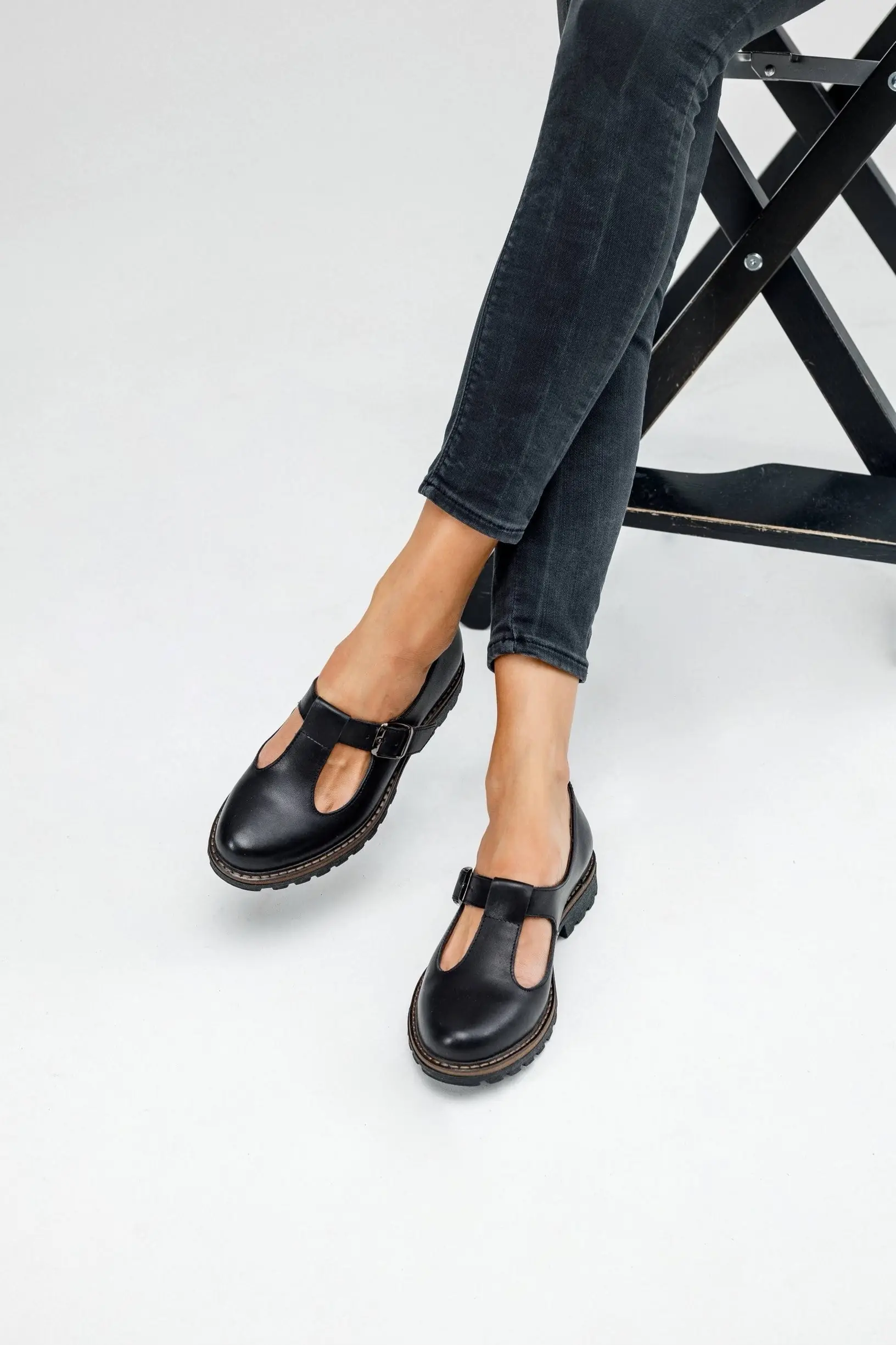 Black Leather T-strap Mary Jane Flats