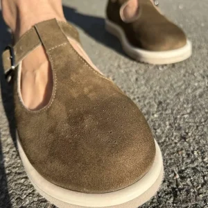 Olive Suede Mary Janes: Wide Toe Box T-strap Flats