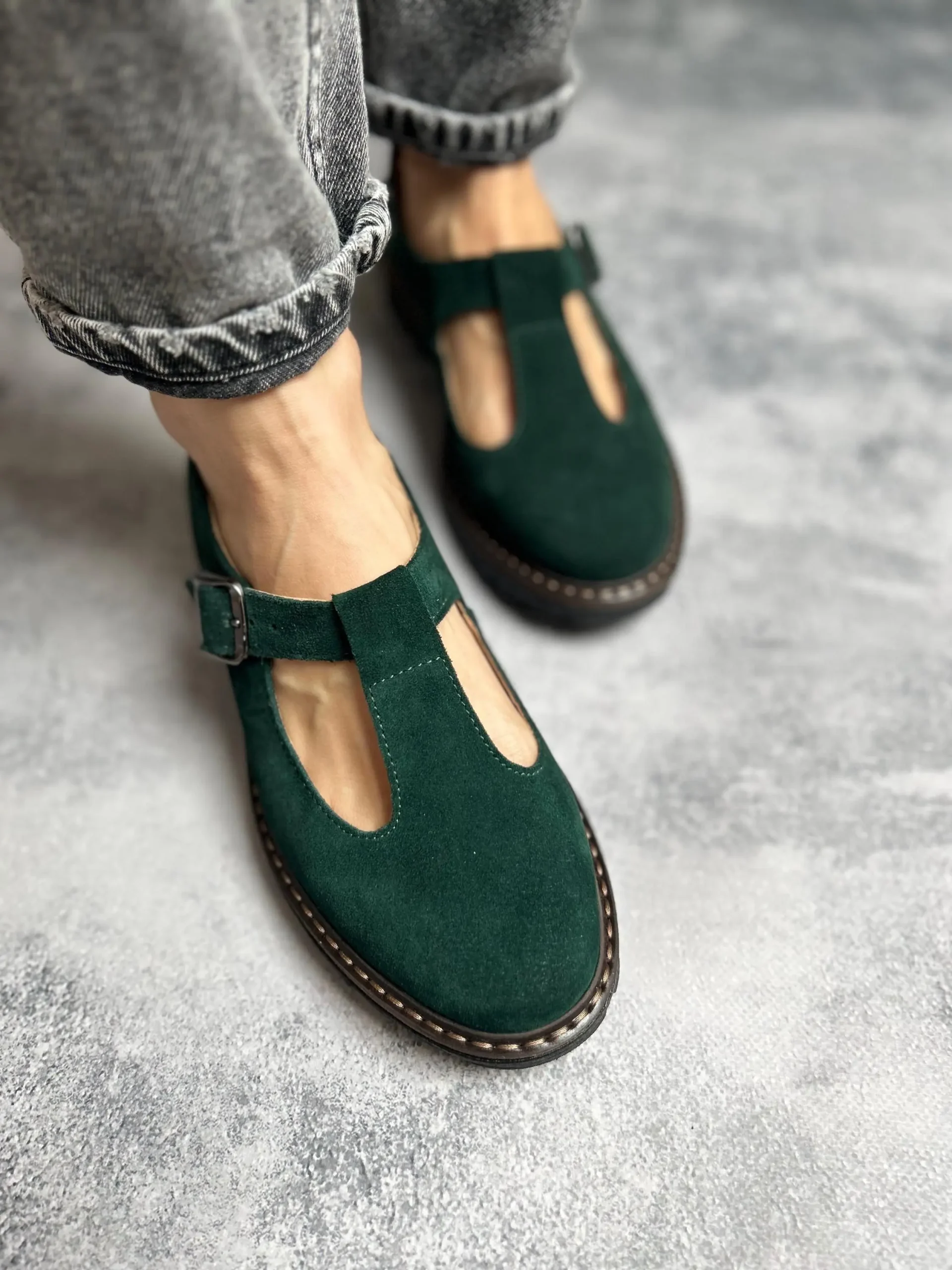 Emerald Suede Mary Jane Leather Shoes