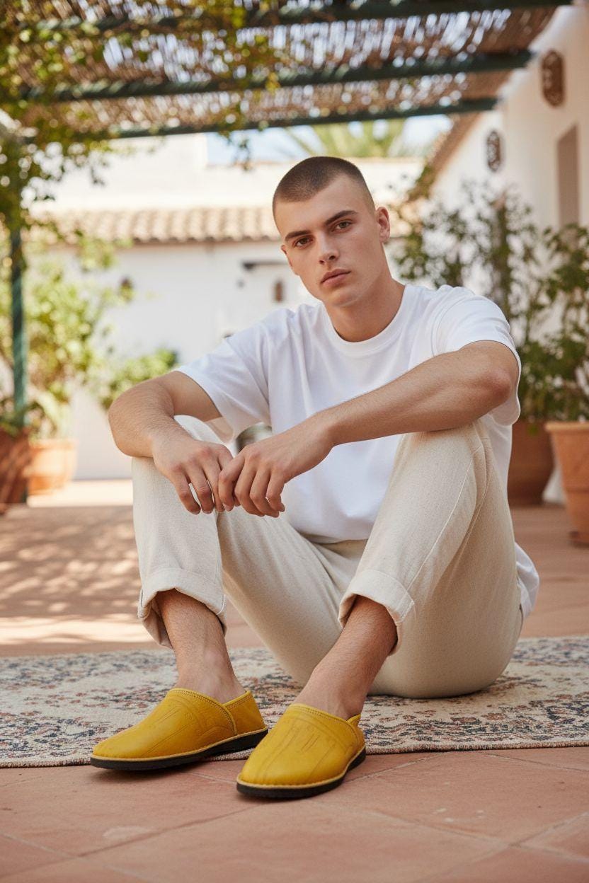 Bright Yellow Moroccan Leather Babouche Handmade Traditional Slippers