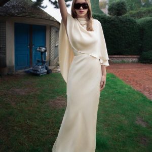 Ivory Muse Cape Gown Modern Minimalist Satin Evening