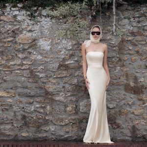Ivory Muse Cape Gown Modern Minimalist Satin Evening